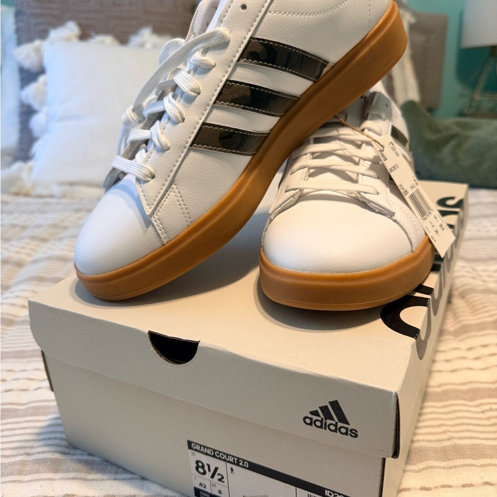 Adidas Grand Court 2.0 White and Camo with tan Gum Sole